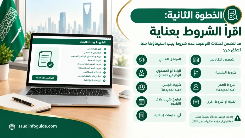 الخطوة الثانية لقراءة شروط التوظيف والتحقق من المؤهل والتخصص والجنسية والعمر والخبرة