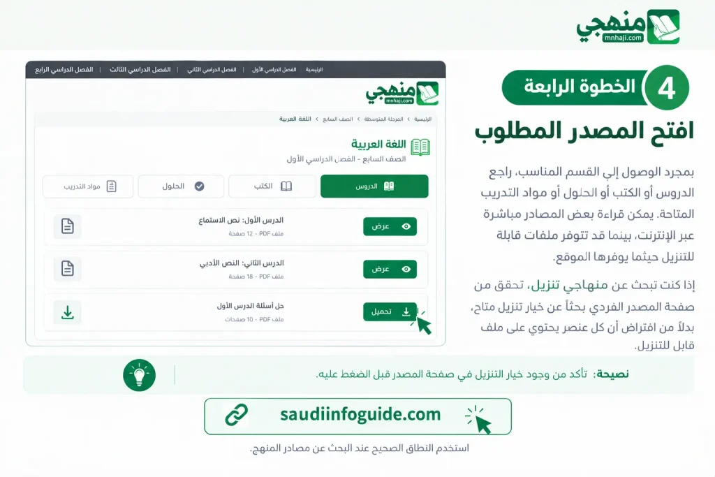 الخطوة الرابعة لفتح الدروس والكتب والحلول والمواد التدريبية في موقع منهجي