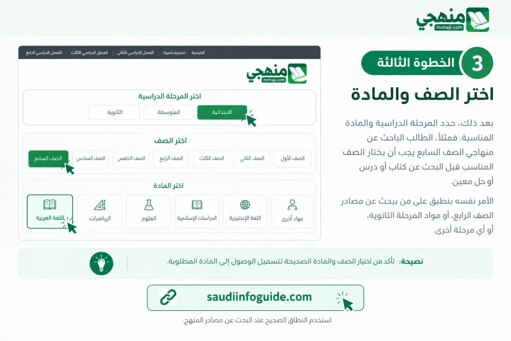 الخطوة الثالثة لاختيار الصف والمادة المناسبة في موقع منهجي