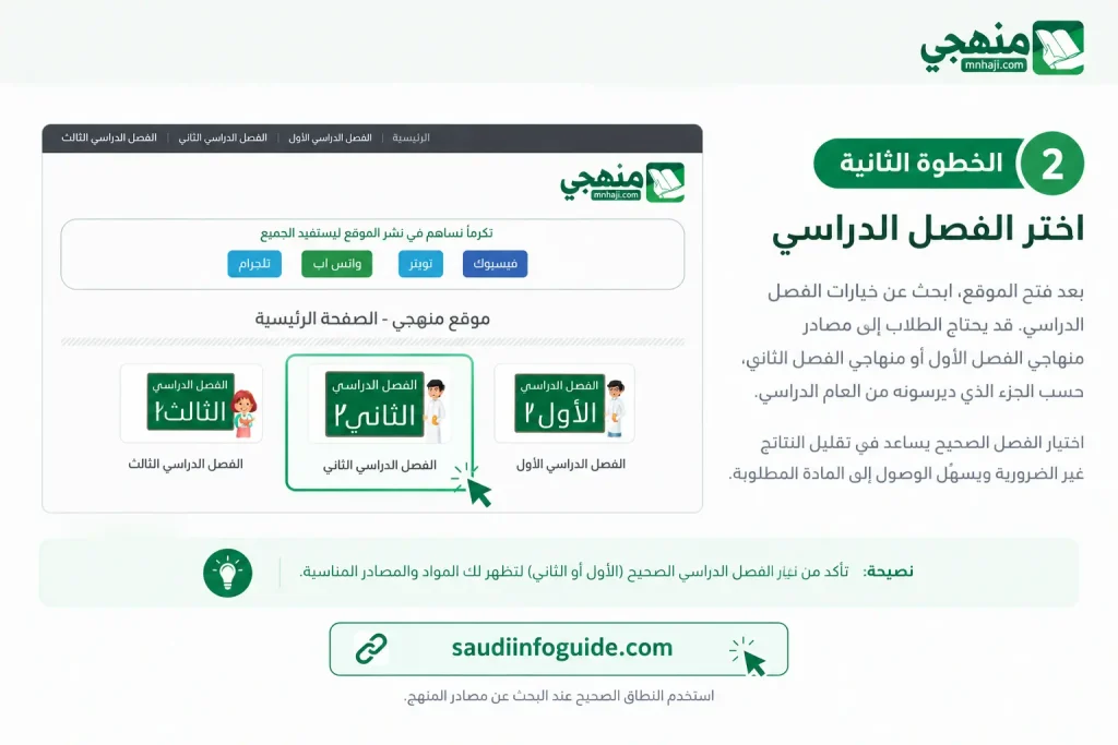 الخطوة الثانية لاختيار الفصل الدراسي الأول أو الثاني في موقع منهجي