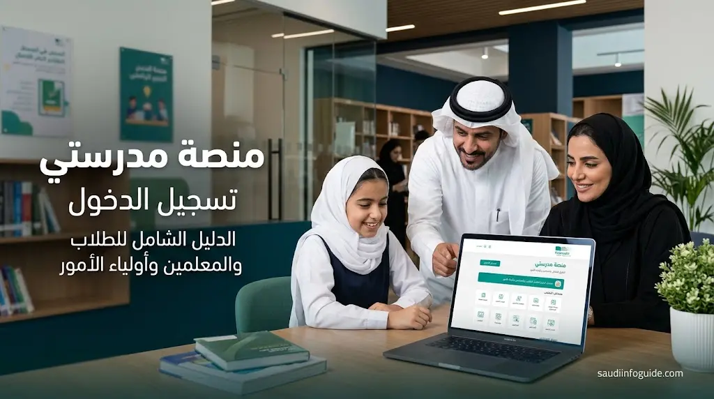 منصة مدرستي تسجيل الدخول مع معلم سعودي وطلاب يستخدمون منصة التعليم الإلكتروني
